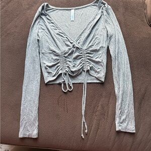Love Gray Ruched Tie Front Crop Blouse